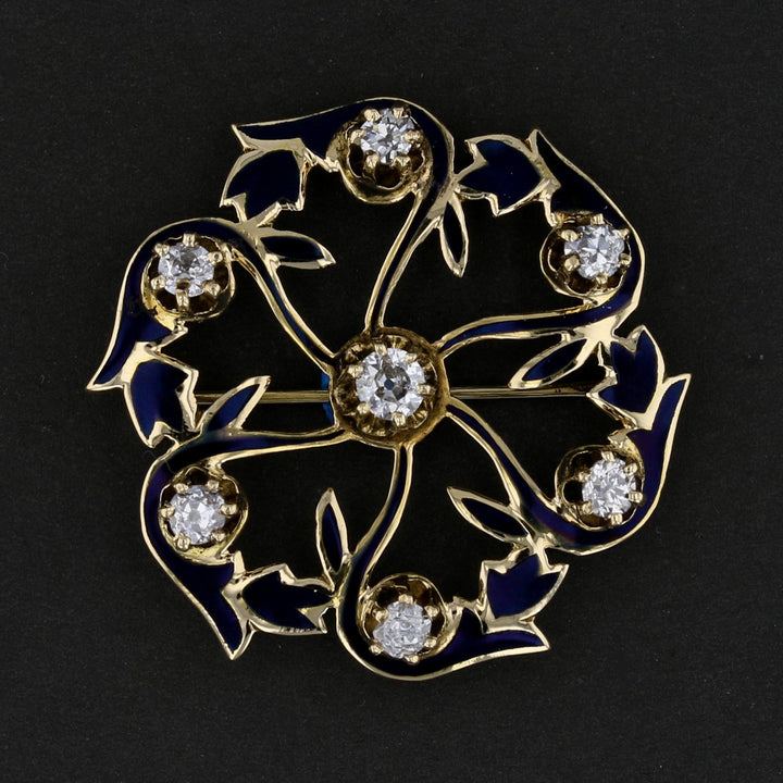 Vintage Black Enamel & Diamond Brooch