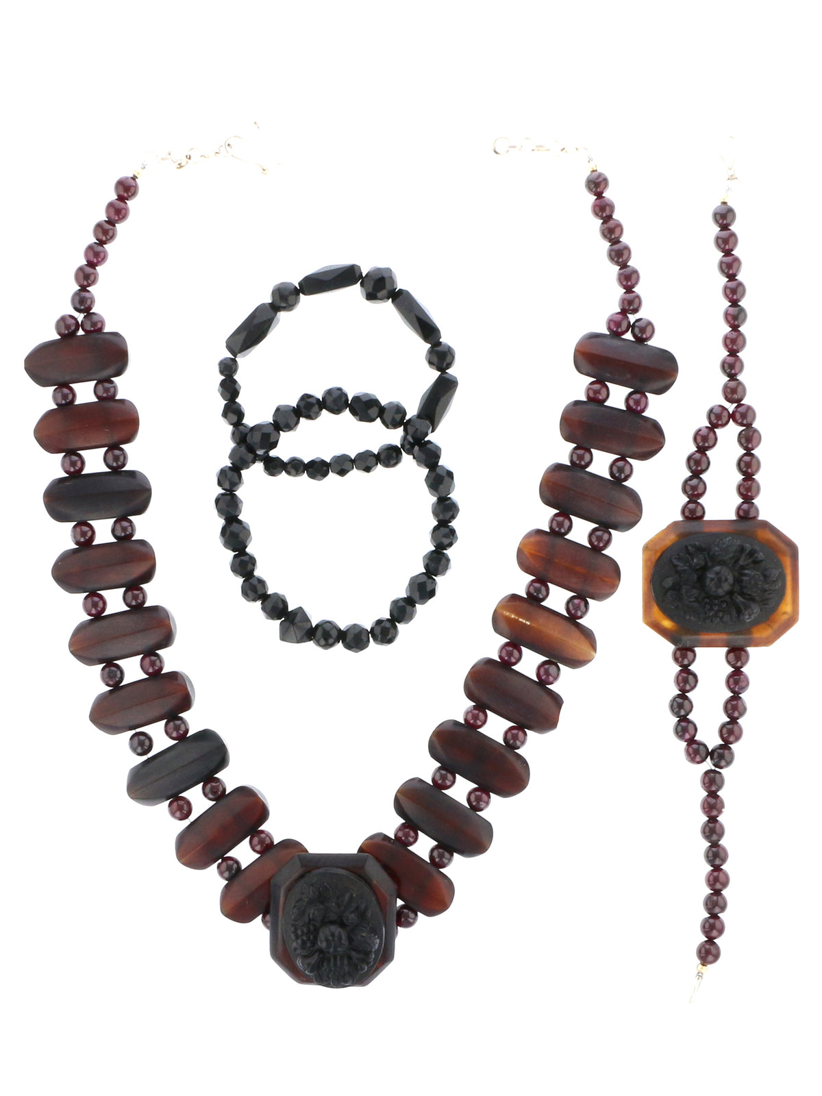 Antique Gutta Percha & Whitby Jet Cameo, French Jet Beads Necklace