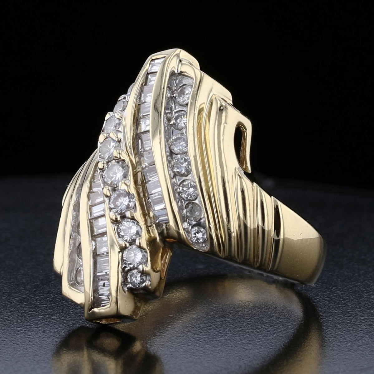 14K Yellow Gold Diamond Baguette and Round Cut Ring