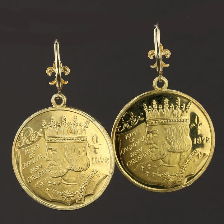 Vintage 1972 Rex King of Carnival Mardi Gras Doubloon 14K Gold Earrings - New Orleans