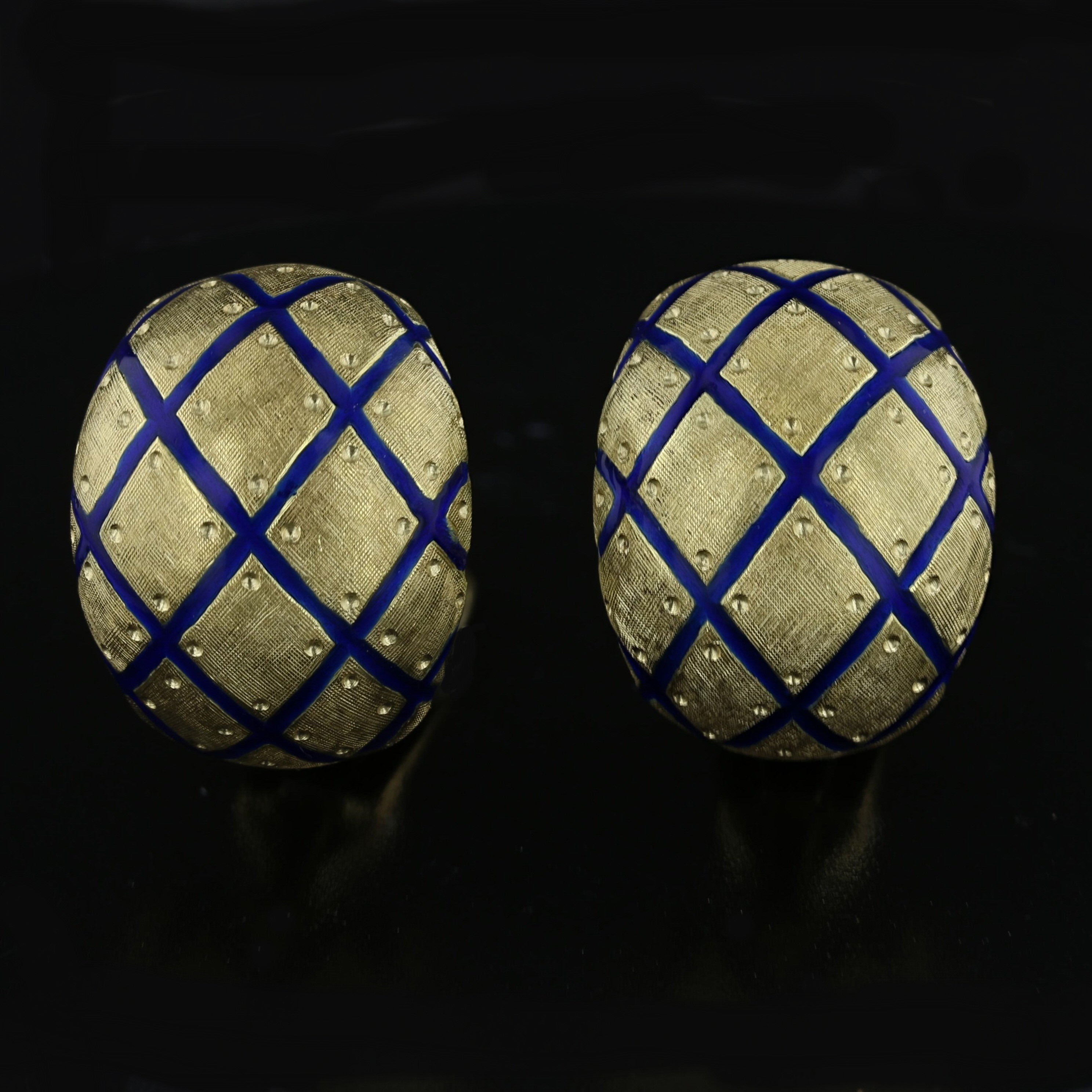 18K Gold Blue Enamel Diamond Lattice Clip-On Earrings - Vintage Designer Style - David's Antiques & Jewelry