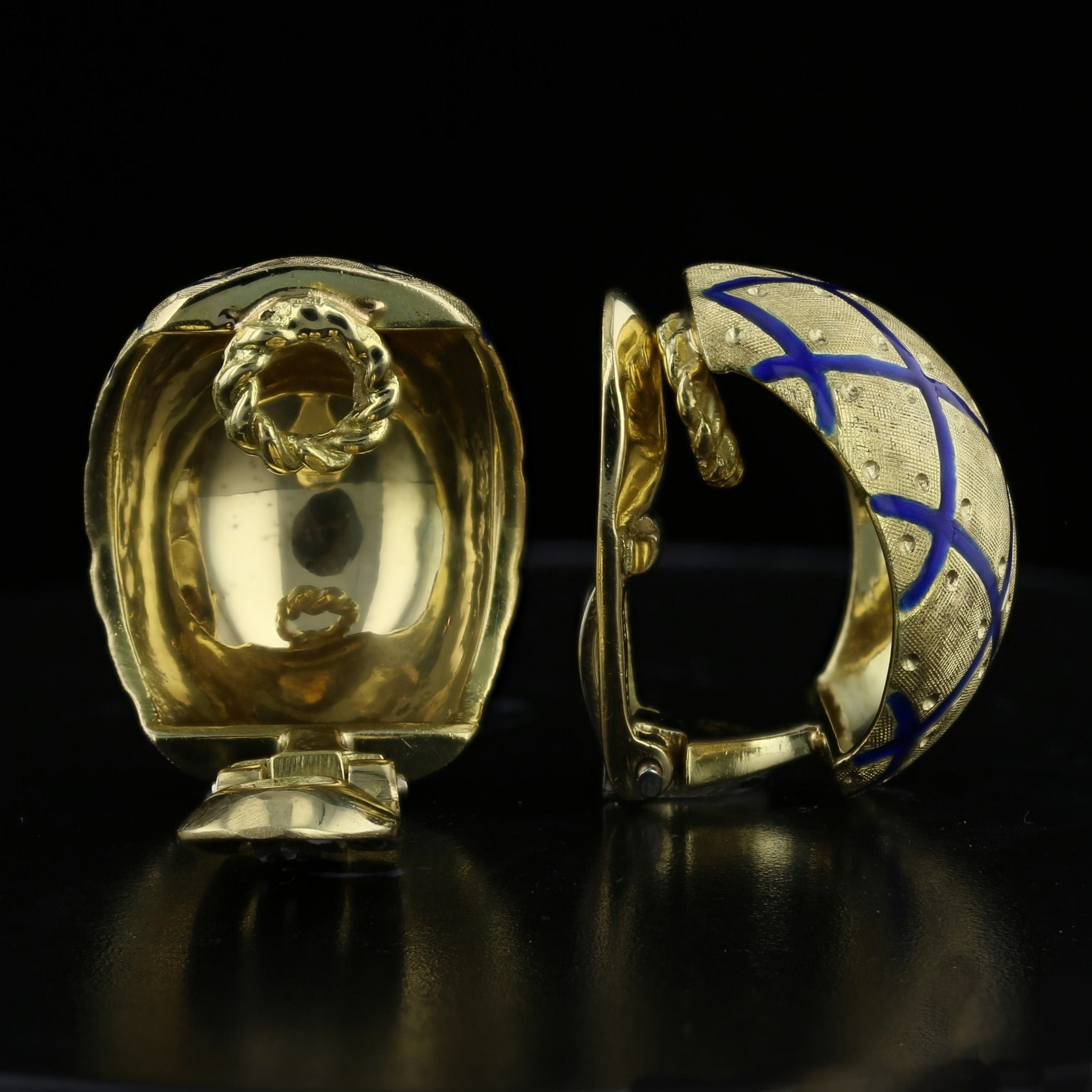 18K Gold Blue Enamel Diamond Lattice Clip-On Earrings - Vintage Designer Style - David's Antiques & Jewelry