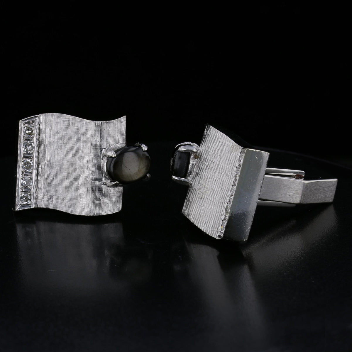 Vintage 14K White Gold Star Sapphire Diamond Cufflinks - Black Oval Gemstone Men's Accessories