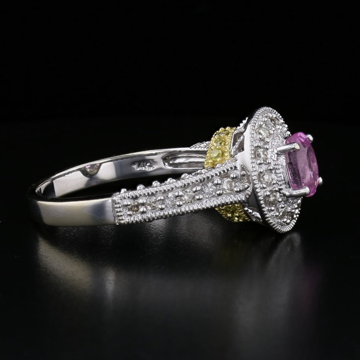 Vintage White Gold Pink Sapphire and Yellow Diamond Ring