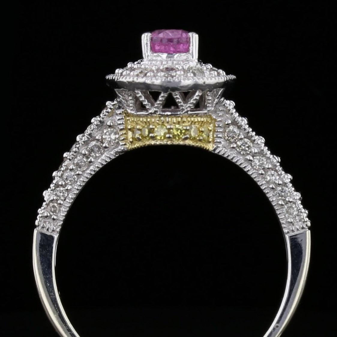 Vintage White Gold Pink Sapphire and Yellow Diamond Ring