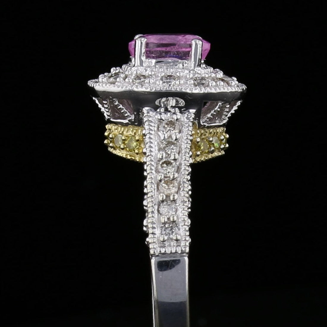 Vintage White Gold Pink Sapphire and Yellow Diamond Ring