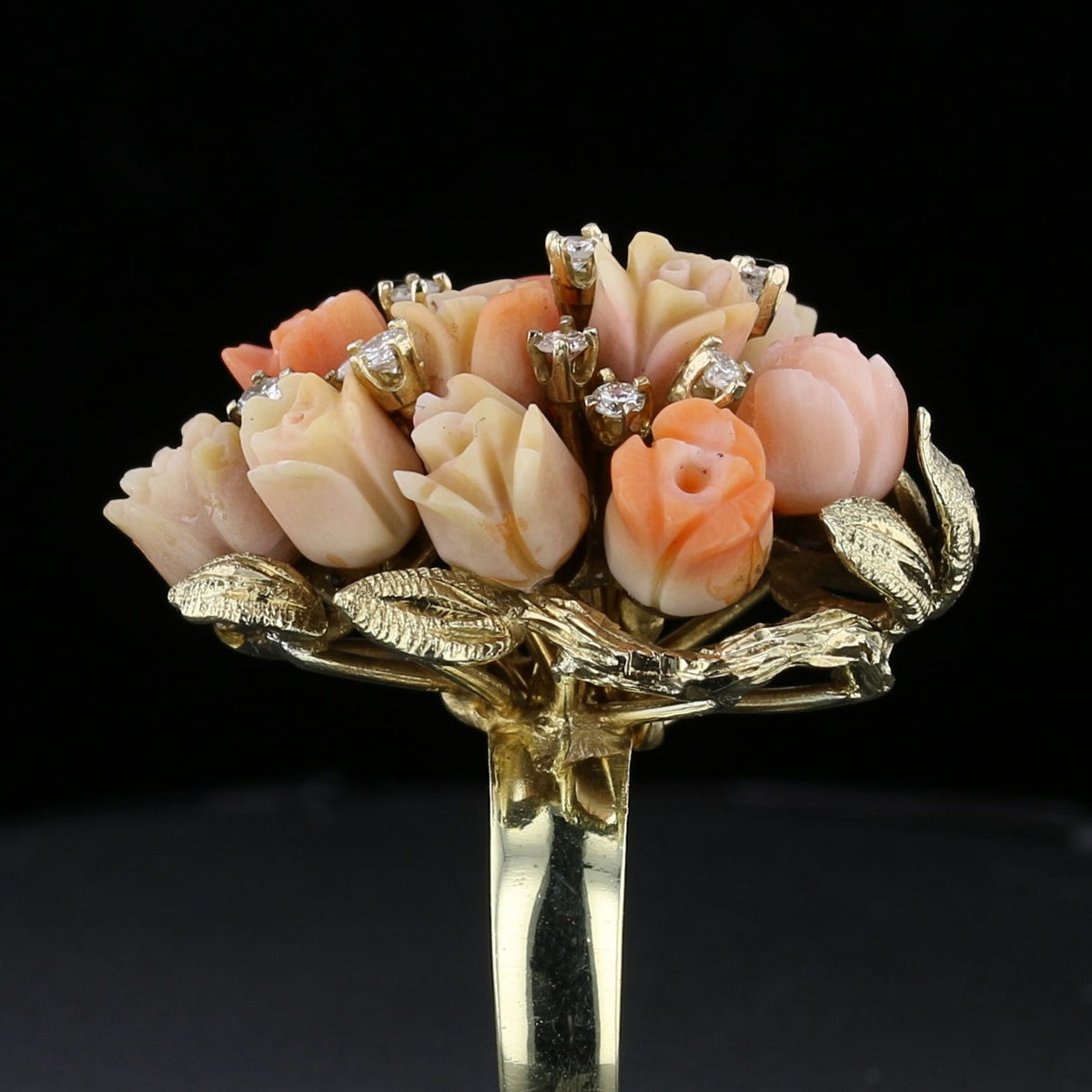 Coral Diamond Flowers Ring, Antiques