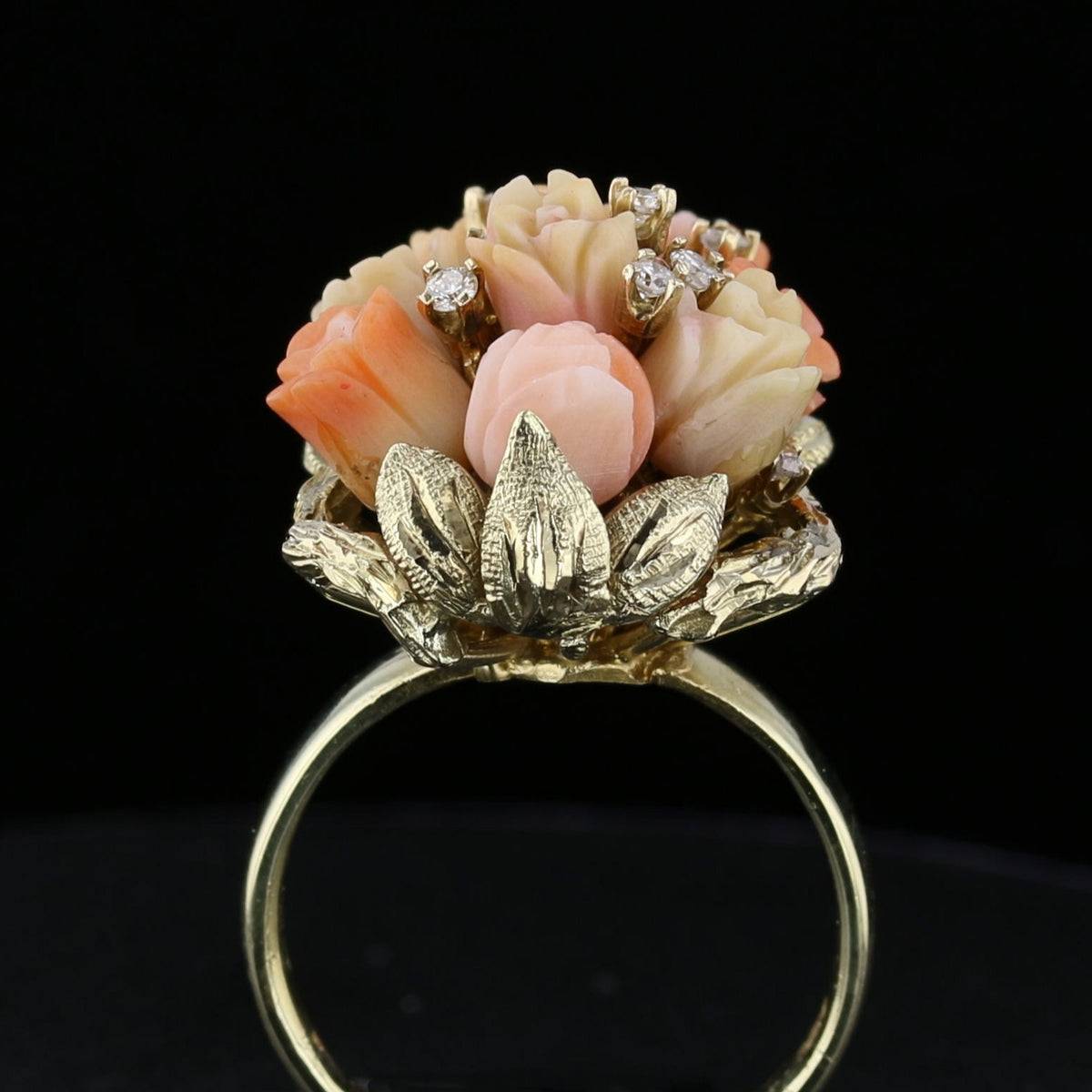 Coral Diamond Flowers Ring, Antiques