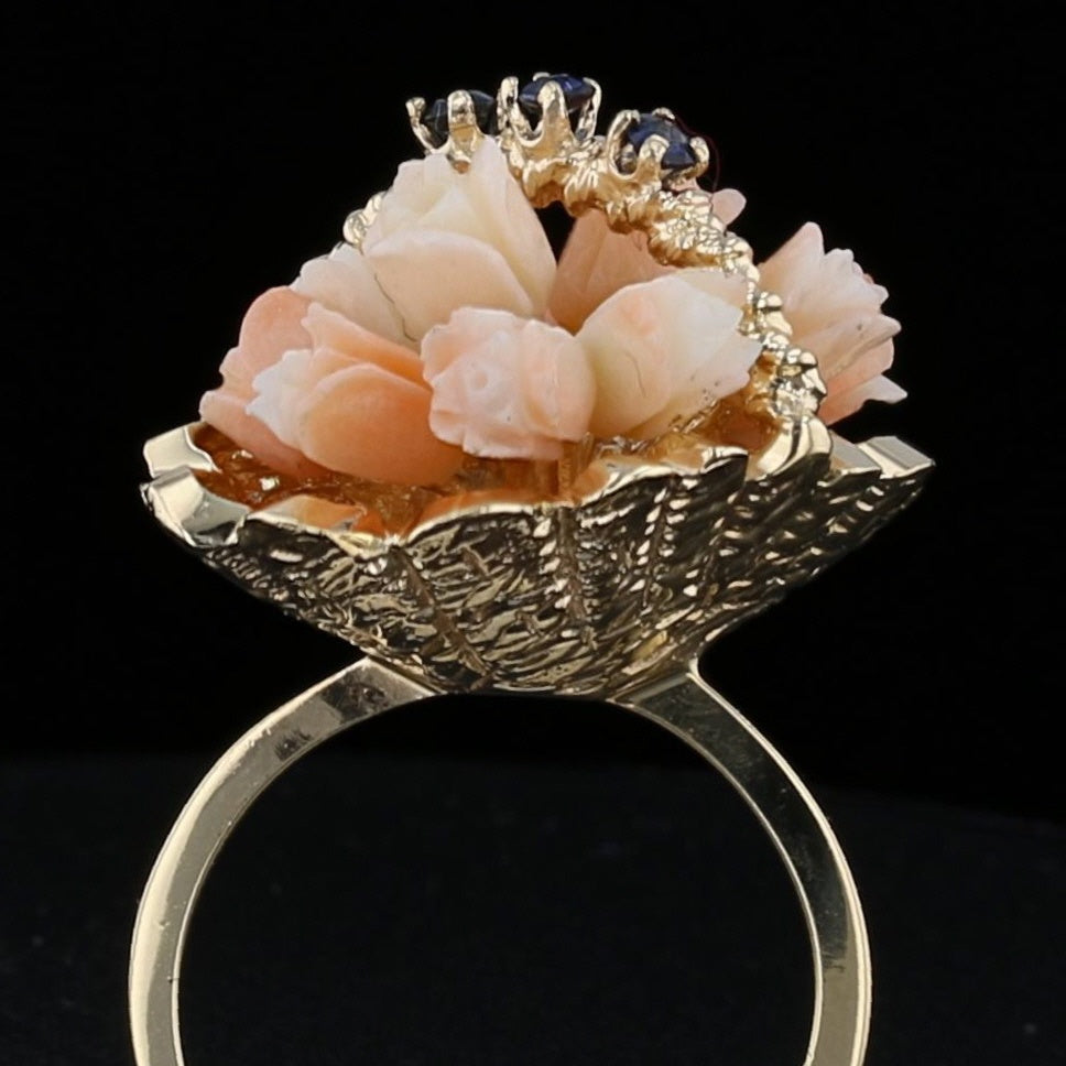 Vintage Coral Sapphire Basket of Flowers Ring