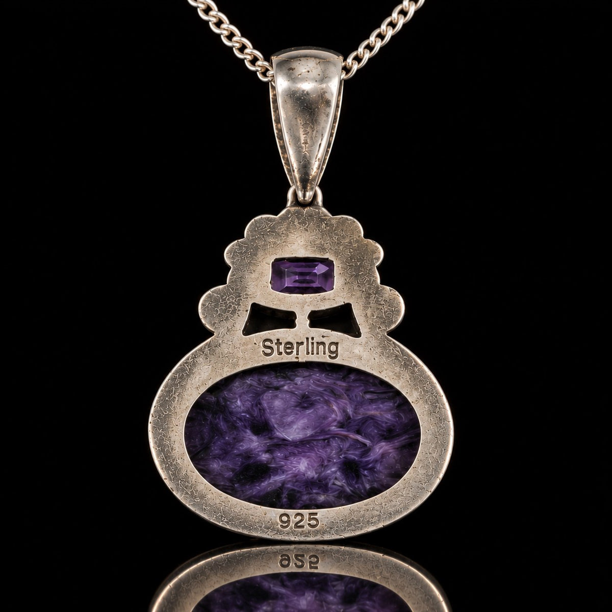 Back of the vintage charoite pendant stamped Sterling and 925. Item 893725.
