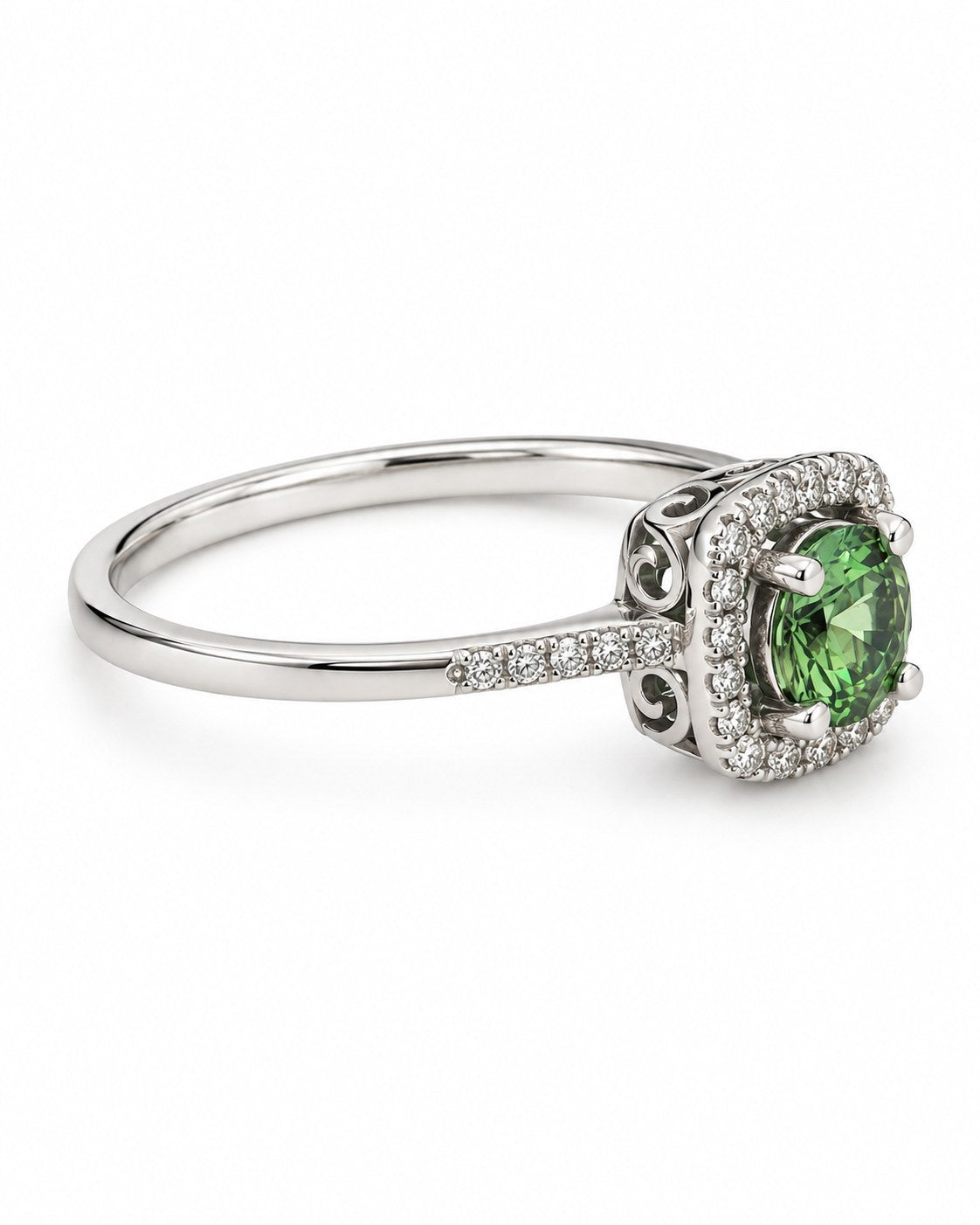 14K White Gold Green Tourmaline & Diamond Halo Ring, Size 7 893733 — second view