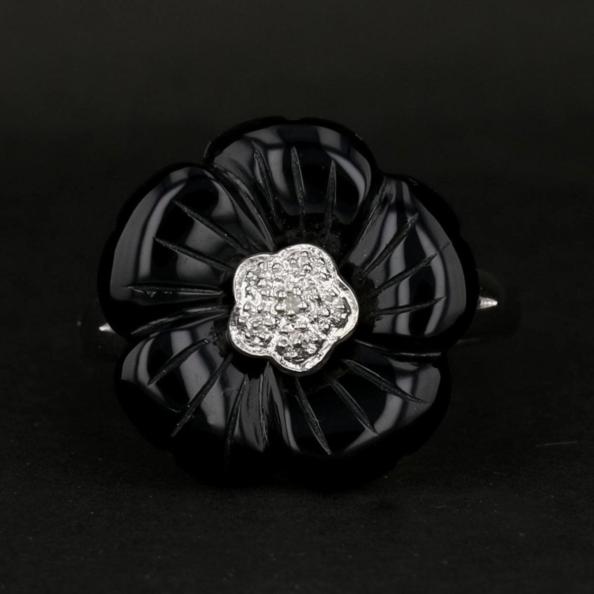 Sterling Silver Carved Onyx Flower Ring with Natural Diamonds | Online Sale $50
