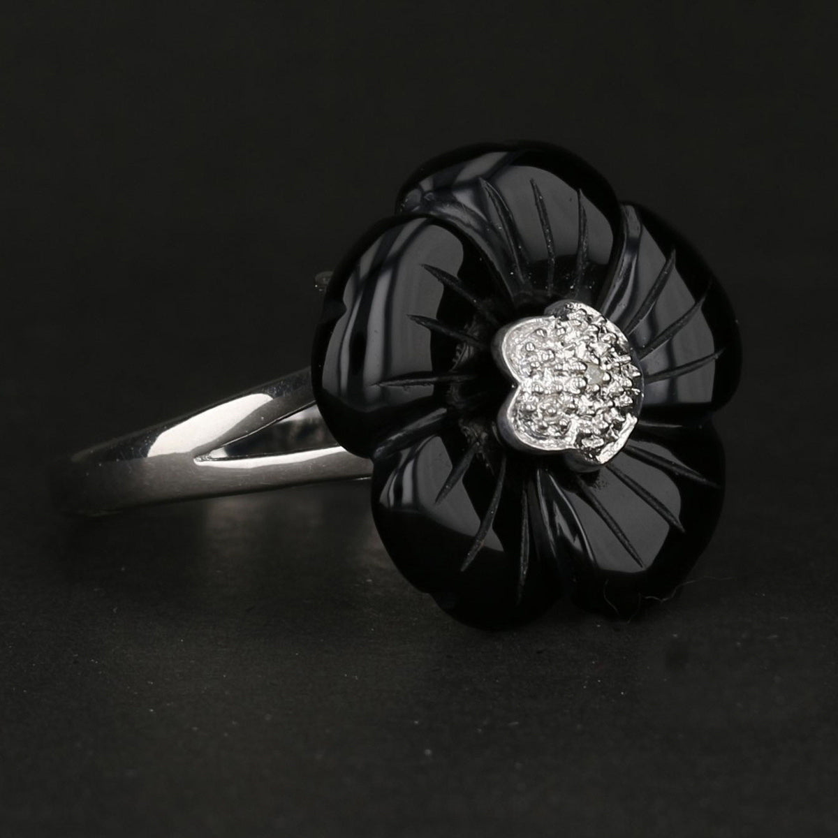 Sterling Silver Carved Onyx Flower Ring with Natural Diamonds | Online Sale $50