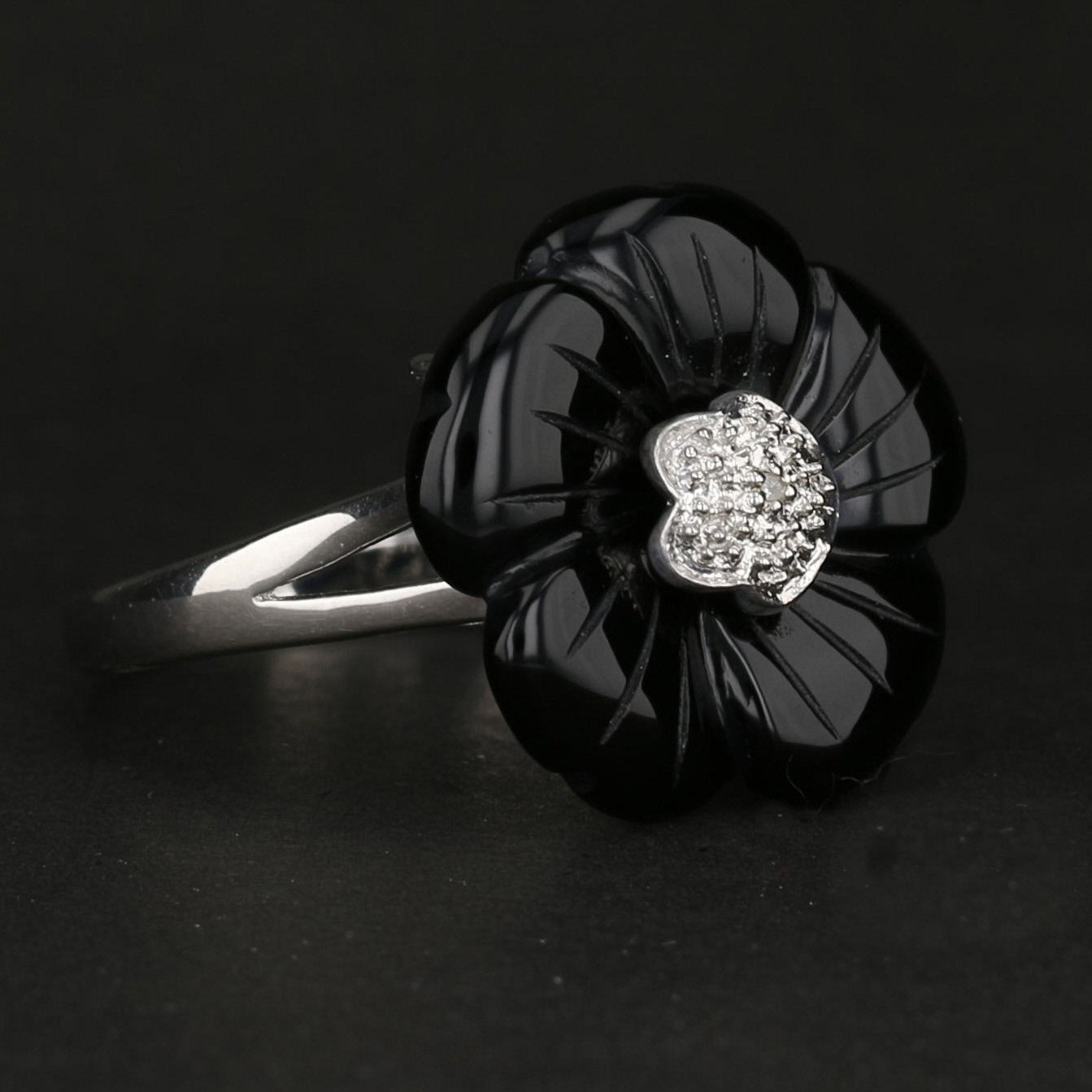 Sterling Silver Carved Onyx Flower Ring with Natural Diamonds | Online Sale $50 - David's Antiques & Jewelry