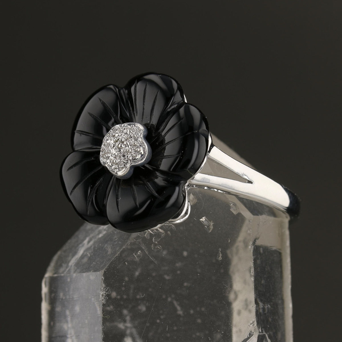 Sterling Silver Carved Onyx Flower Ring with Natural Diamonds | Online Sale $50