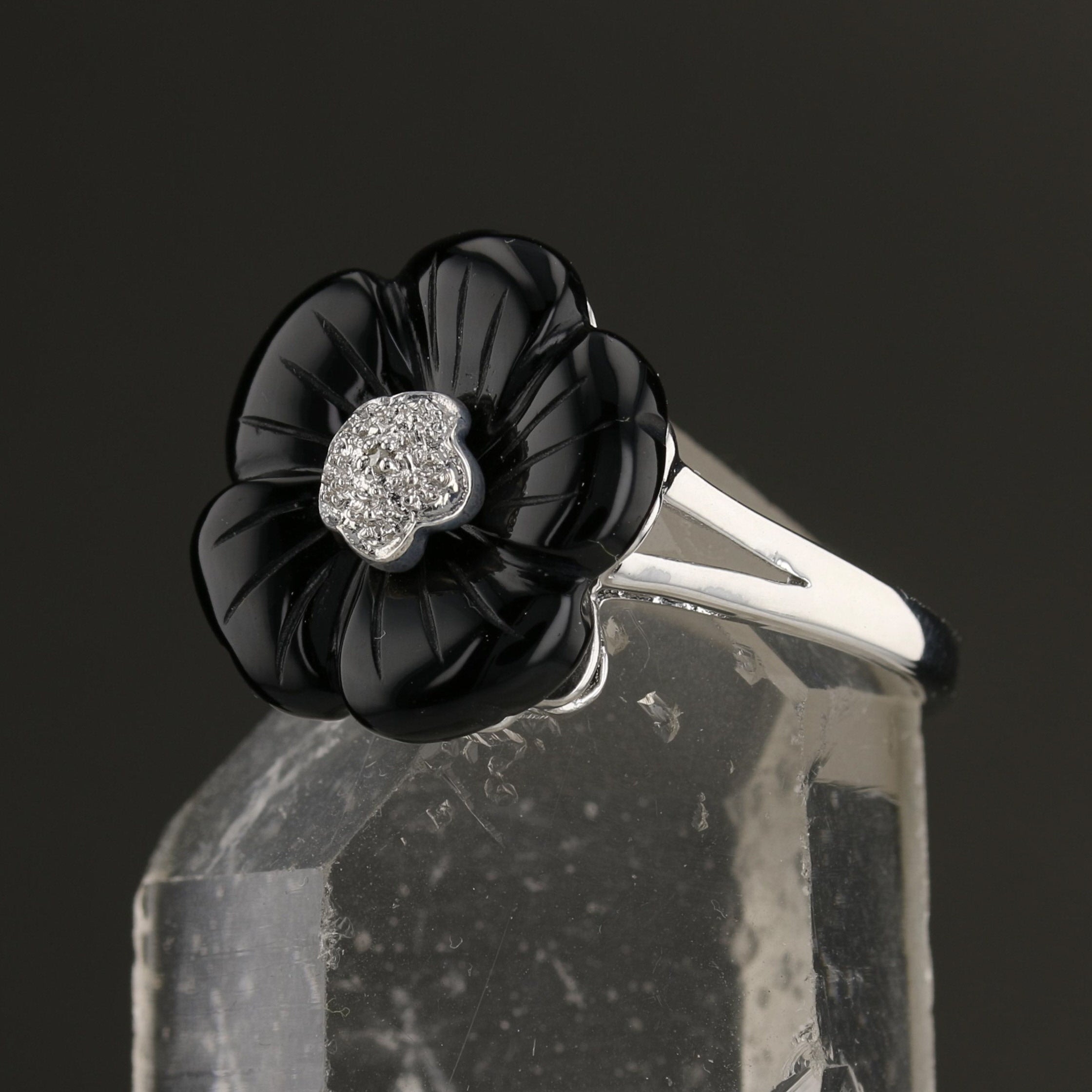 Sterling Silver Carved Onyx Flower Ring with Natural Diamonds | Online Sale $50 - David's Antiques & Jewelry