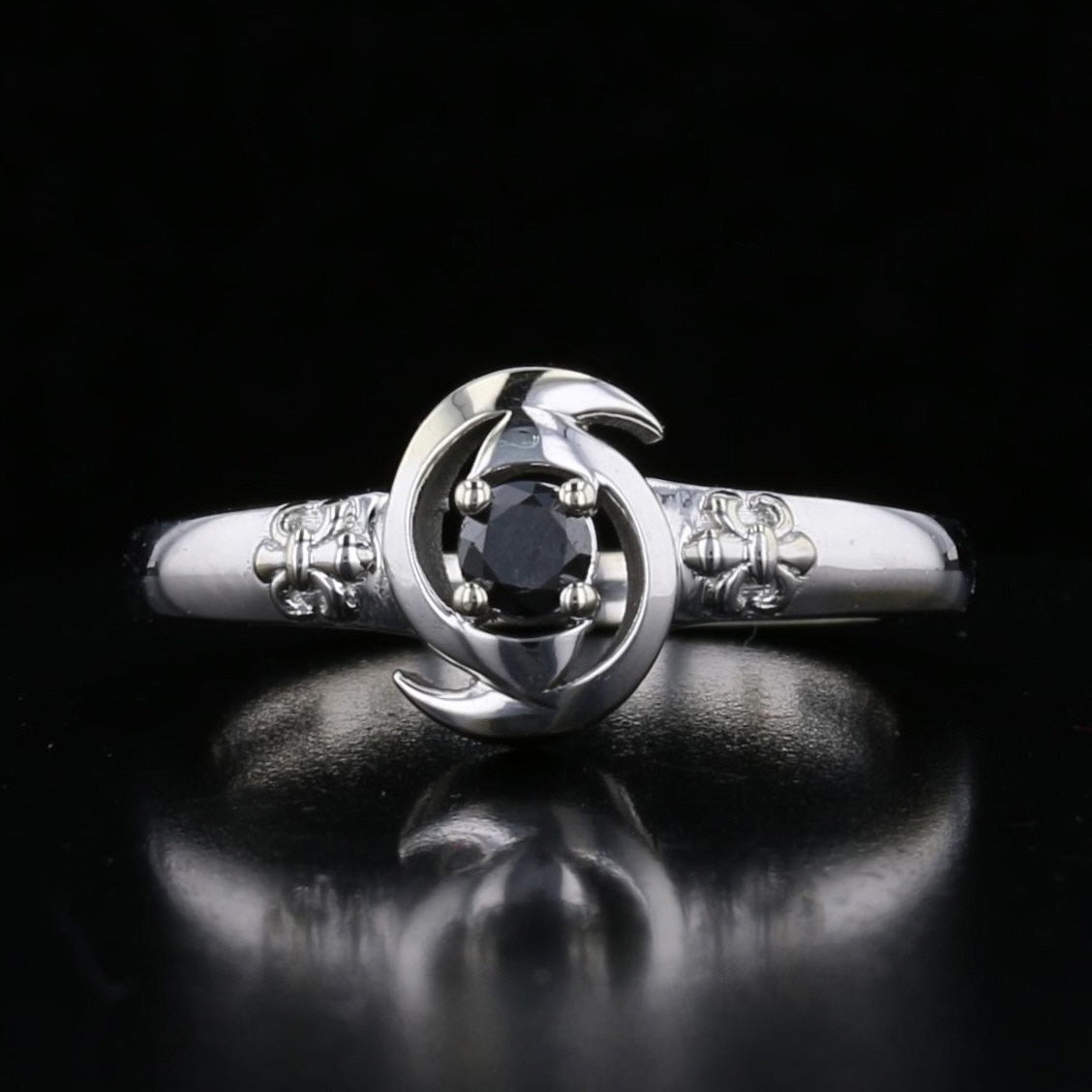 Vintage 14K White Gold Hurricane Symbol Black Diamond Ring