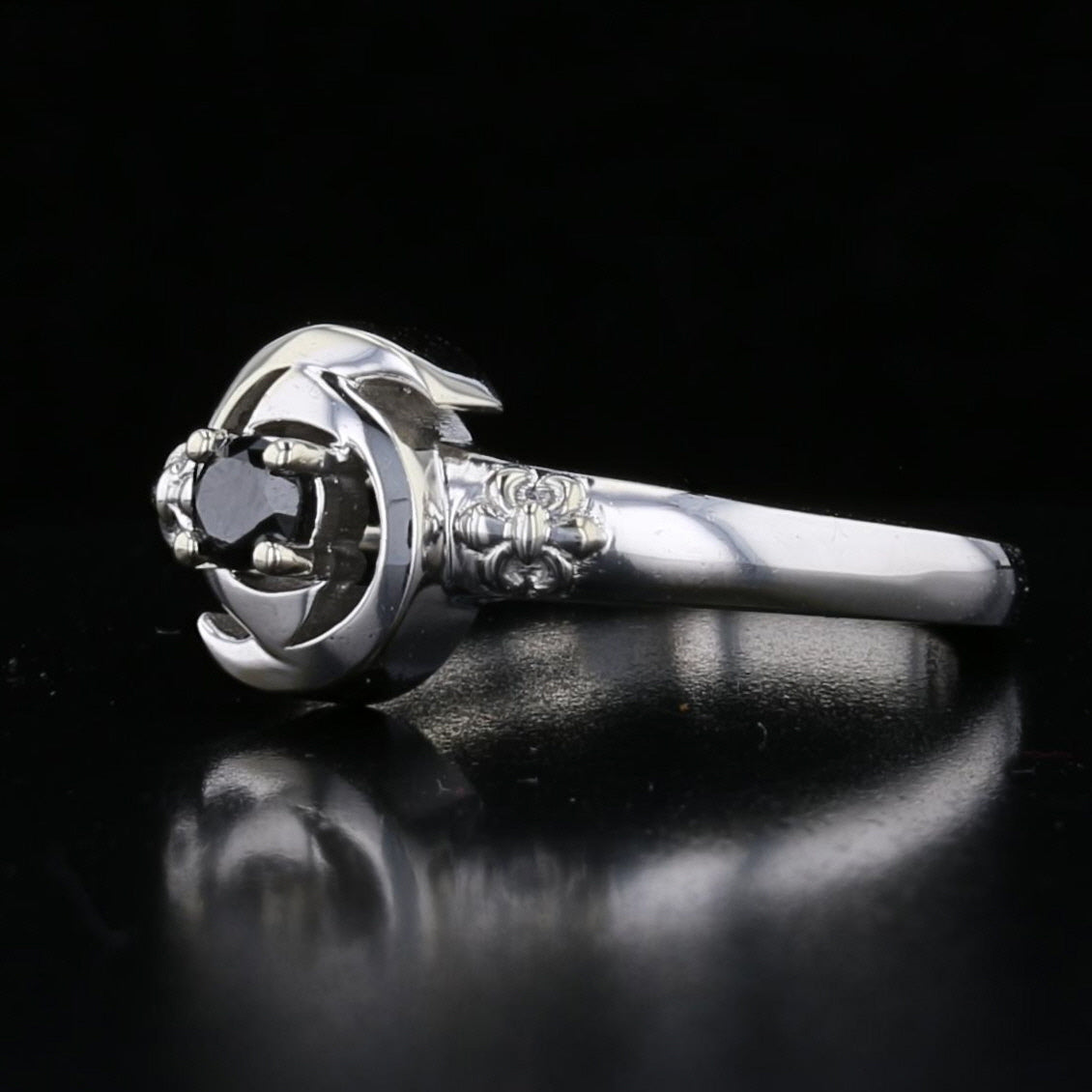 Vintage 14K White Gold Hurricane Symbol Black Diamond Ring