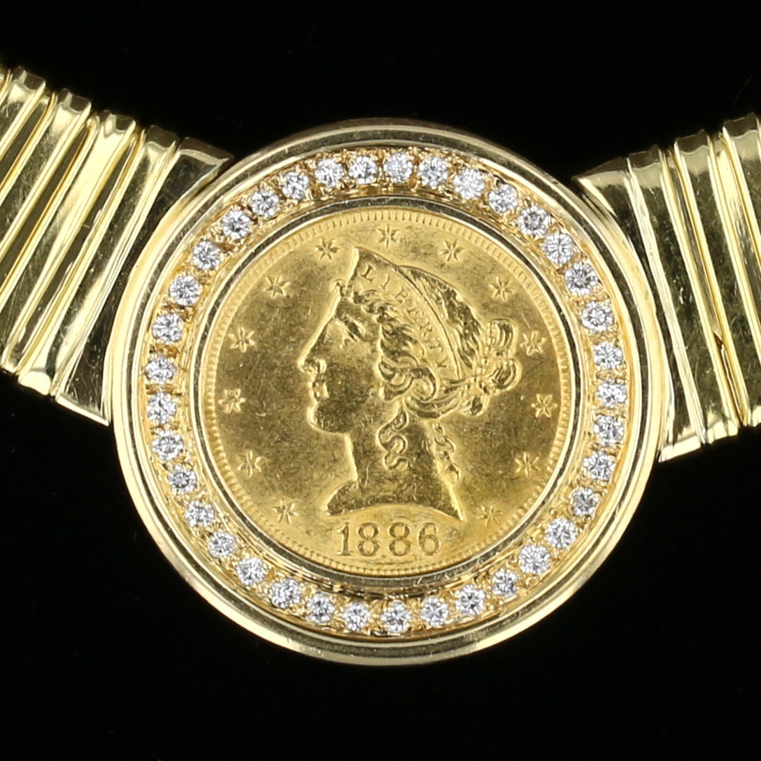 Vintage 18K Yellow Gold 1880 $5 Liberty Coin Diamond Choker Necklace