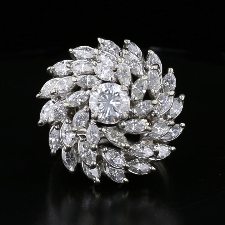 Vintage 18K White Gold Diamond Cluster Dome Ring - 3.80 Carat Marquise & Round Diamonds