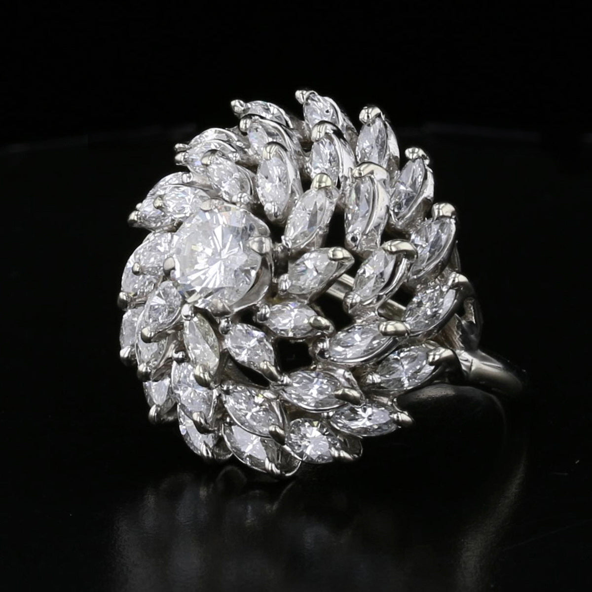 Vintage 18K White Gold Diamond Cluster Dome Ring - 3.80 Carat Marquise & Round Diamonds