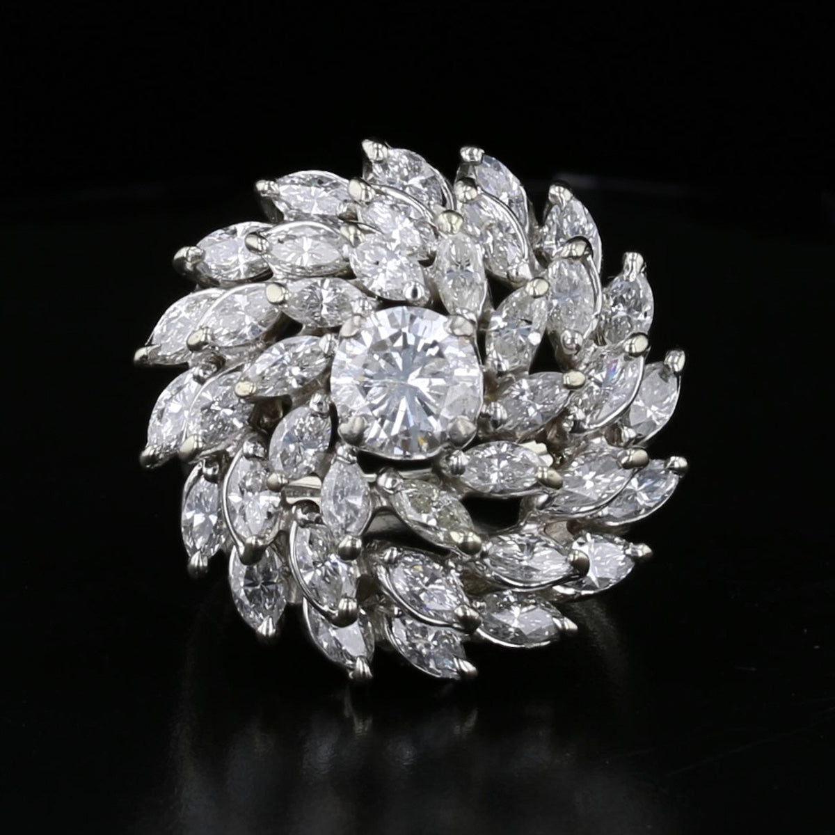 Vintage 18K White Gold Diamond Cluster Dome Ring - 3.80 Carat Marquise & Round Diamonds