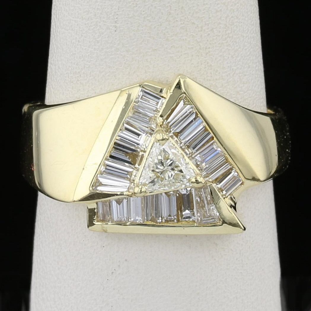 Trillion Diamond Ring 14K Yellow Gold Baguette Diamond Halo Geometric Design Size 6.5