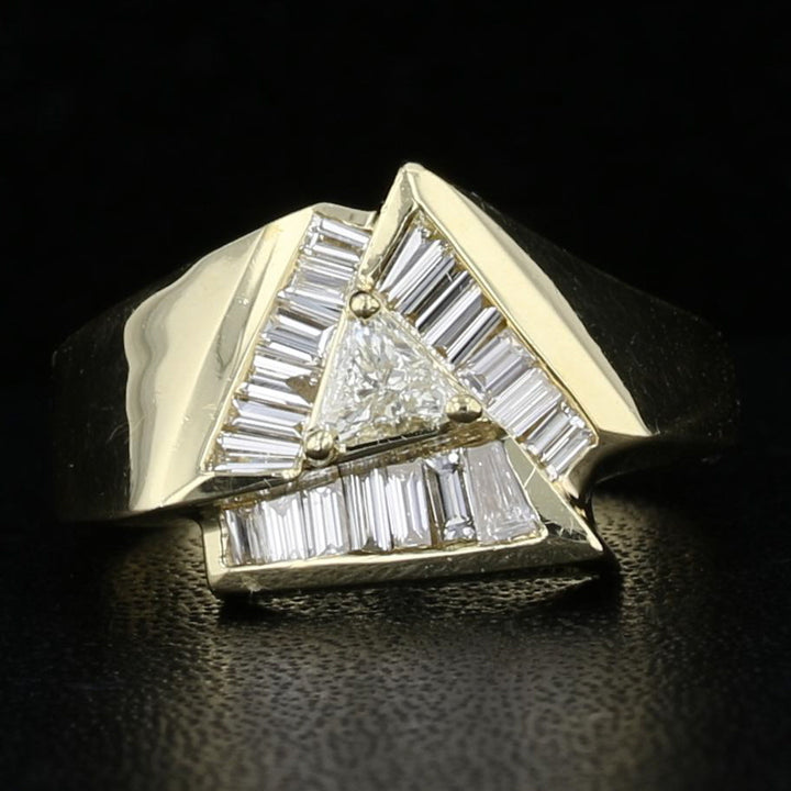 Trillion Diamond Ring 14K Yellow Gold Baguette Diamond Halo Geometric Design Size 6.5