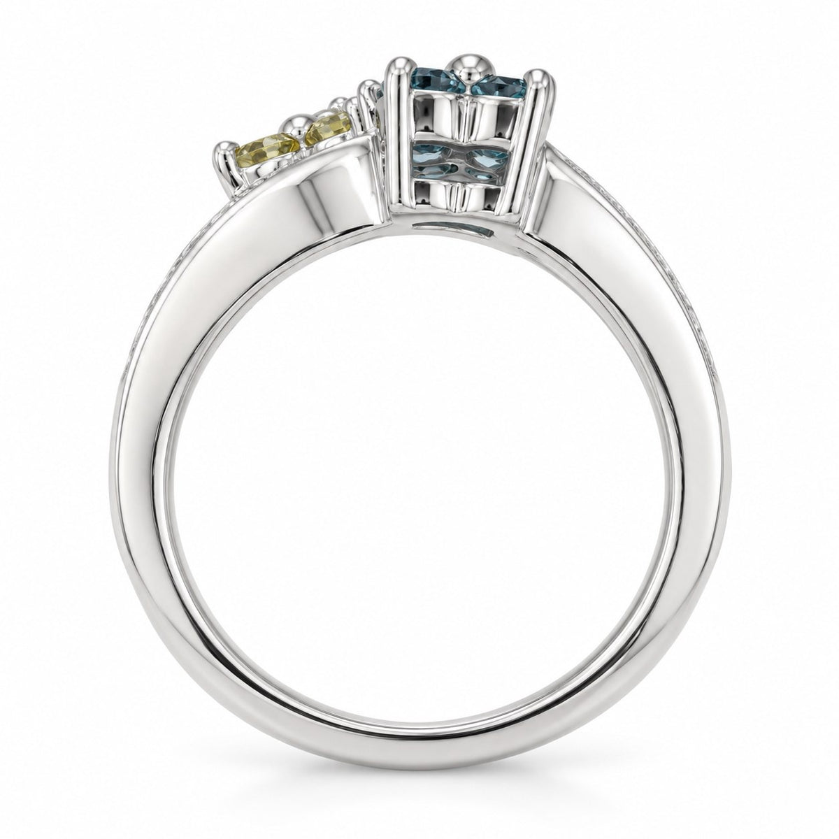14K White Gold Blue & Yellow Diamond Double Flower Ring, Size 6 894320 — third view