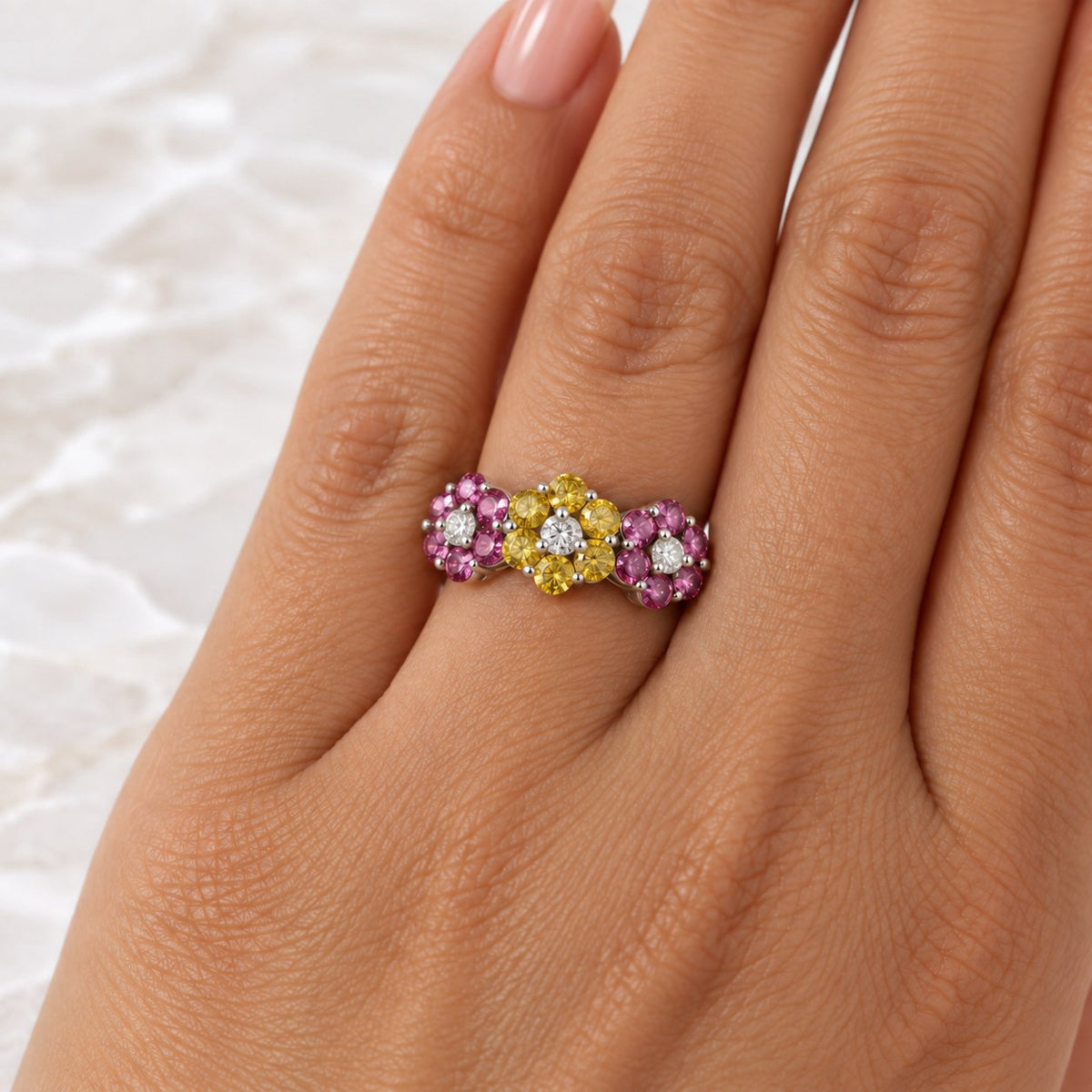 14K White Gold Pink & Yellow Diamond Three-Flower Ring, Size 7 894326 — fourth view
