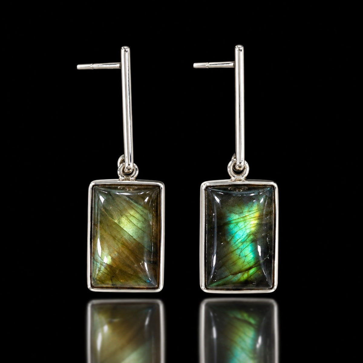 Sterling silver bar drop earrings with rectangular labradorite showing green and blue flash. Item 894619.