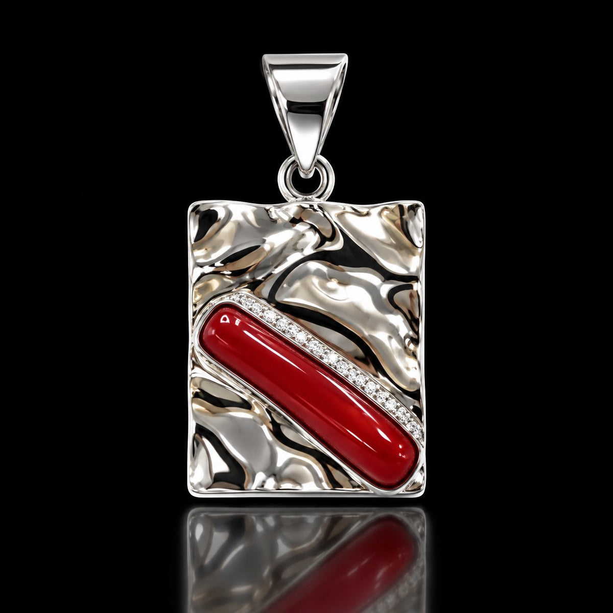 Hammered sterling silver rectangle pendant with a red coral bar and white accent stones. Item 894626.