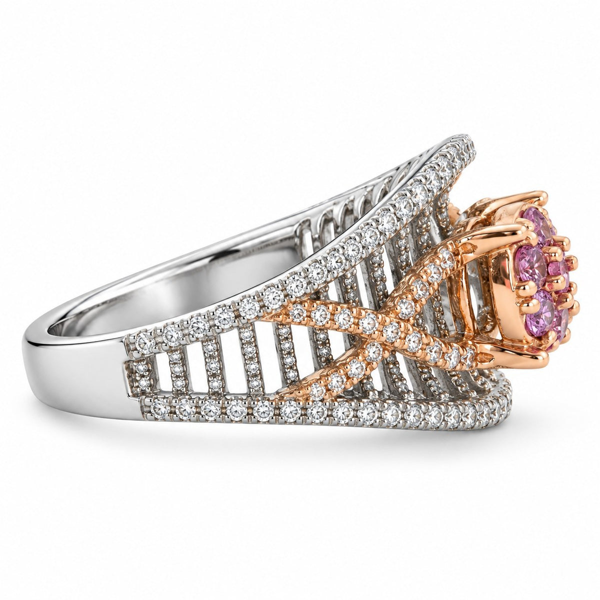 14K White & Rose Gold Pink Diamond Flower Ring 894650 — second view