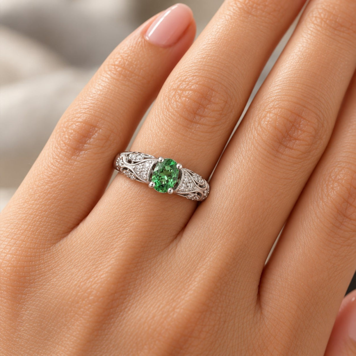14K White Gold Oval Tsavorite & Diamond Filigree Ring 894760 — third view