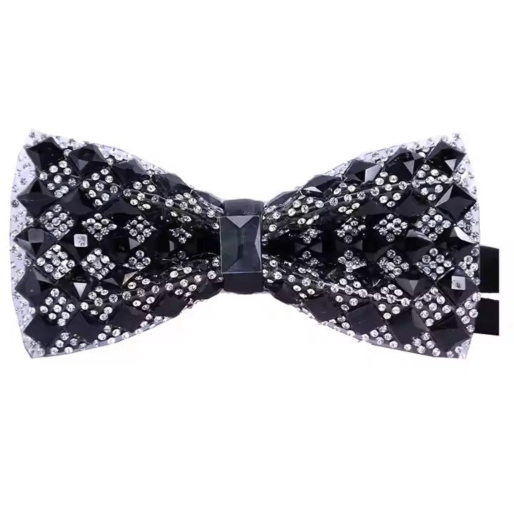 Black and Silver Diamond Patterned Crystal Glam Bow Tie