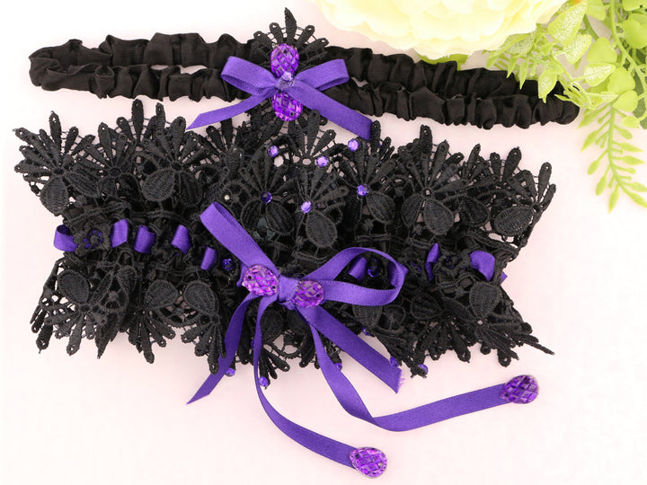 Belladonna: Guipure Black Lace Garter with Luscious Purple Satin Ribbon