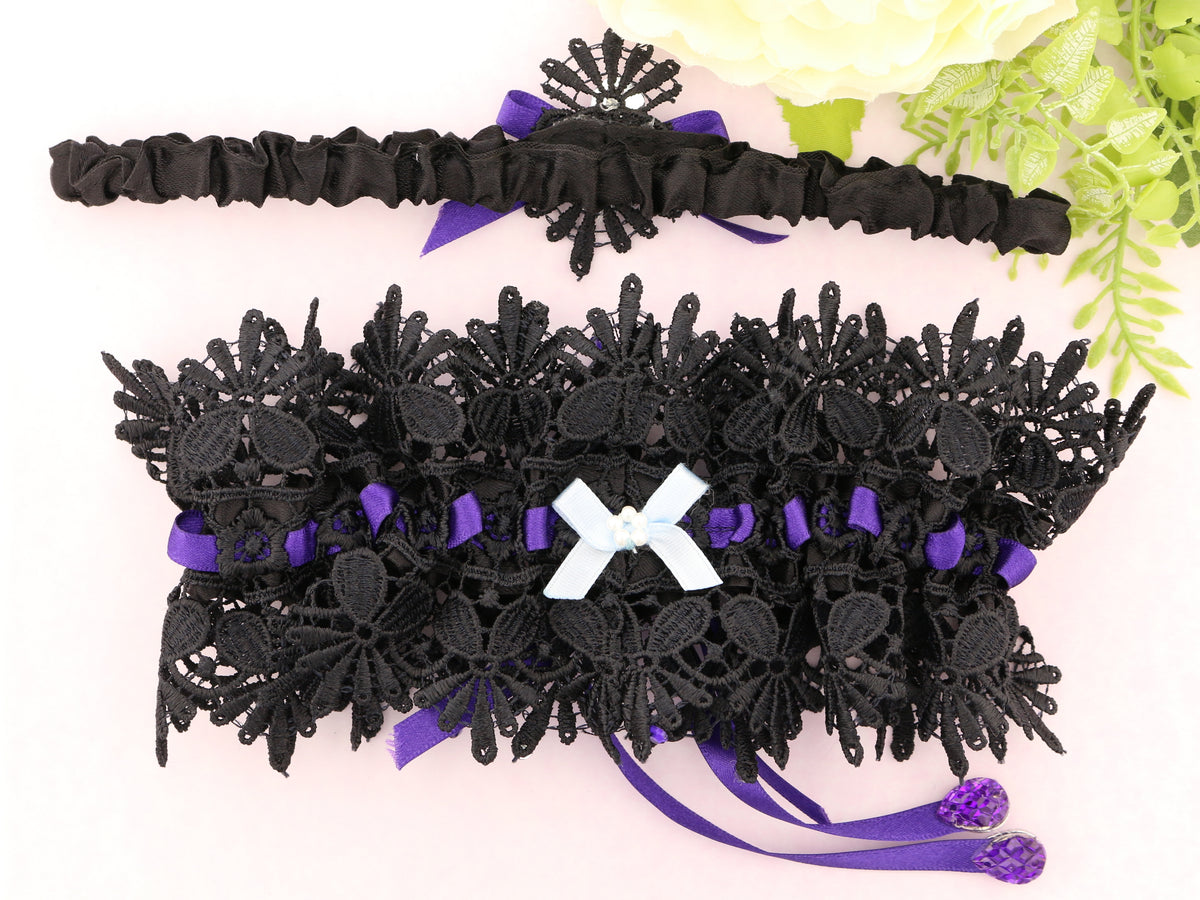Belladonna: Guipure Black Lace Garter with Luscious Purple Satin Ribbon