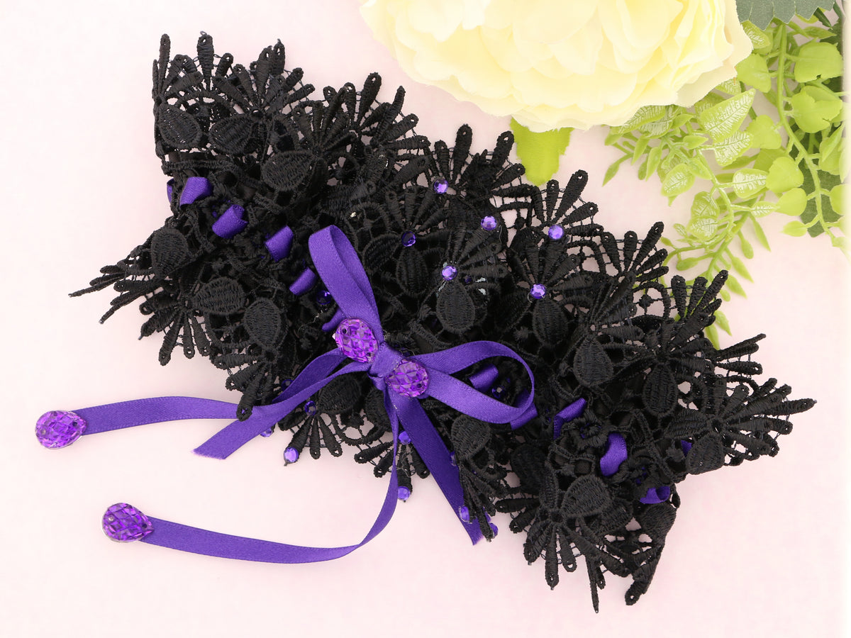 Belladonna: Guipure Black Lace Garter with Luscious Purple Satin Ribbon