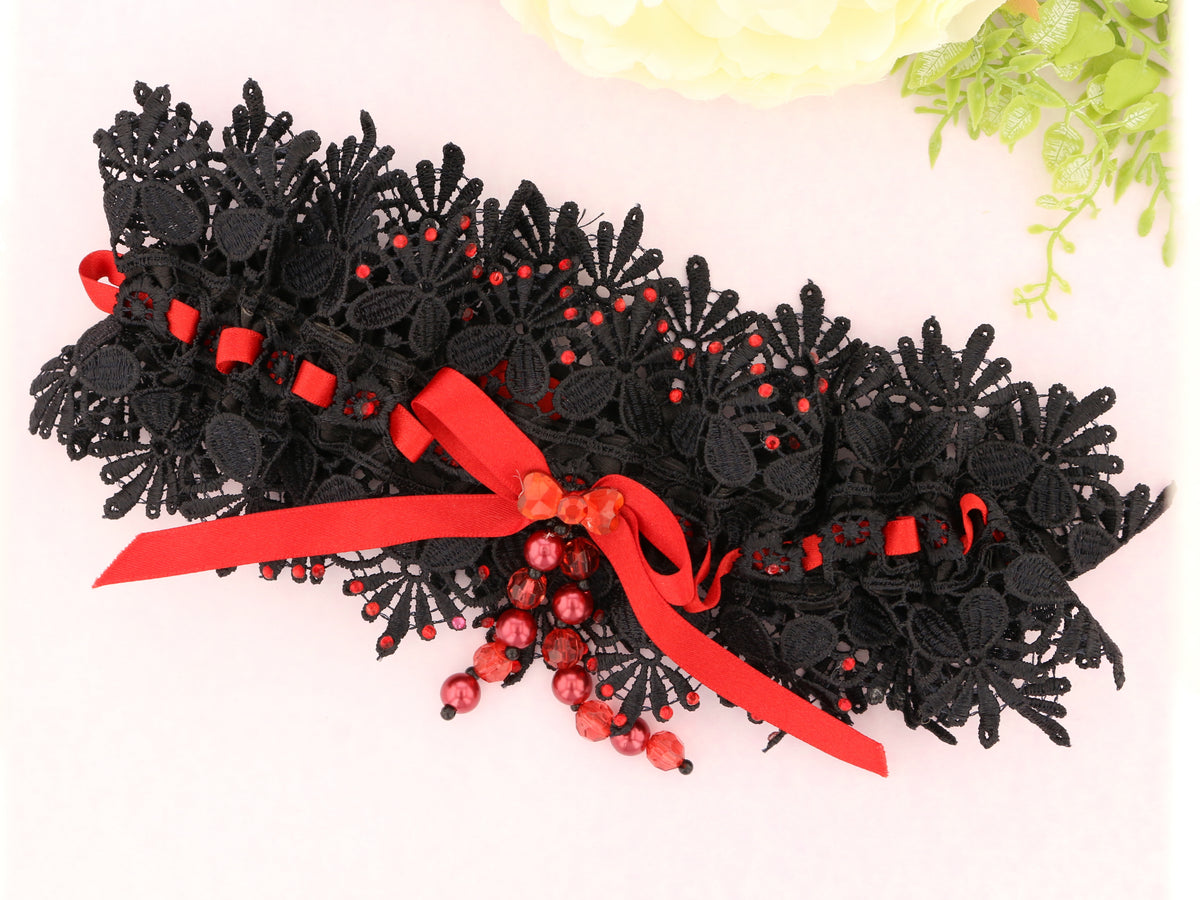 Black Guipure Lace Garter with Red Satin Ribbon