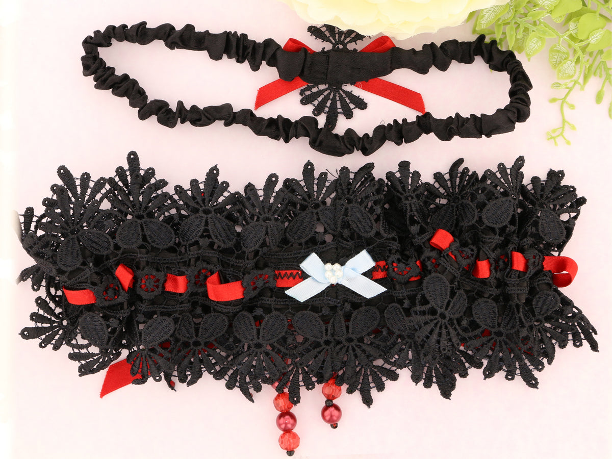 Black Guipure Lace Garter with Red Satin Ribbon