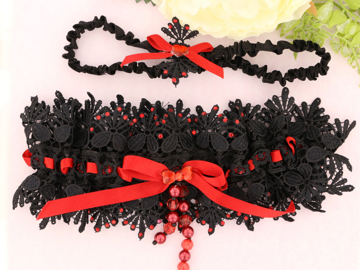 Black Guipure Lace Garter with Red Satin Ribbon