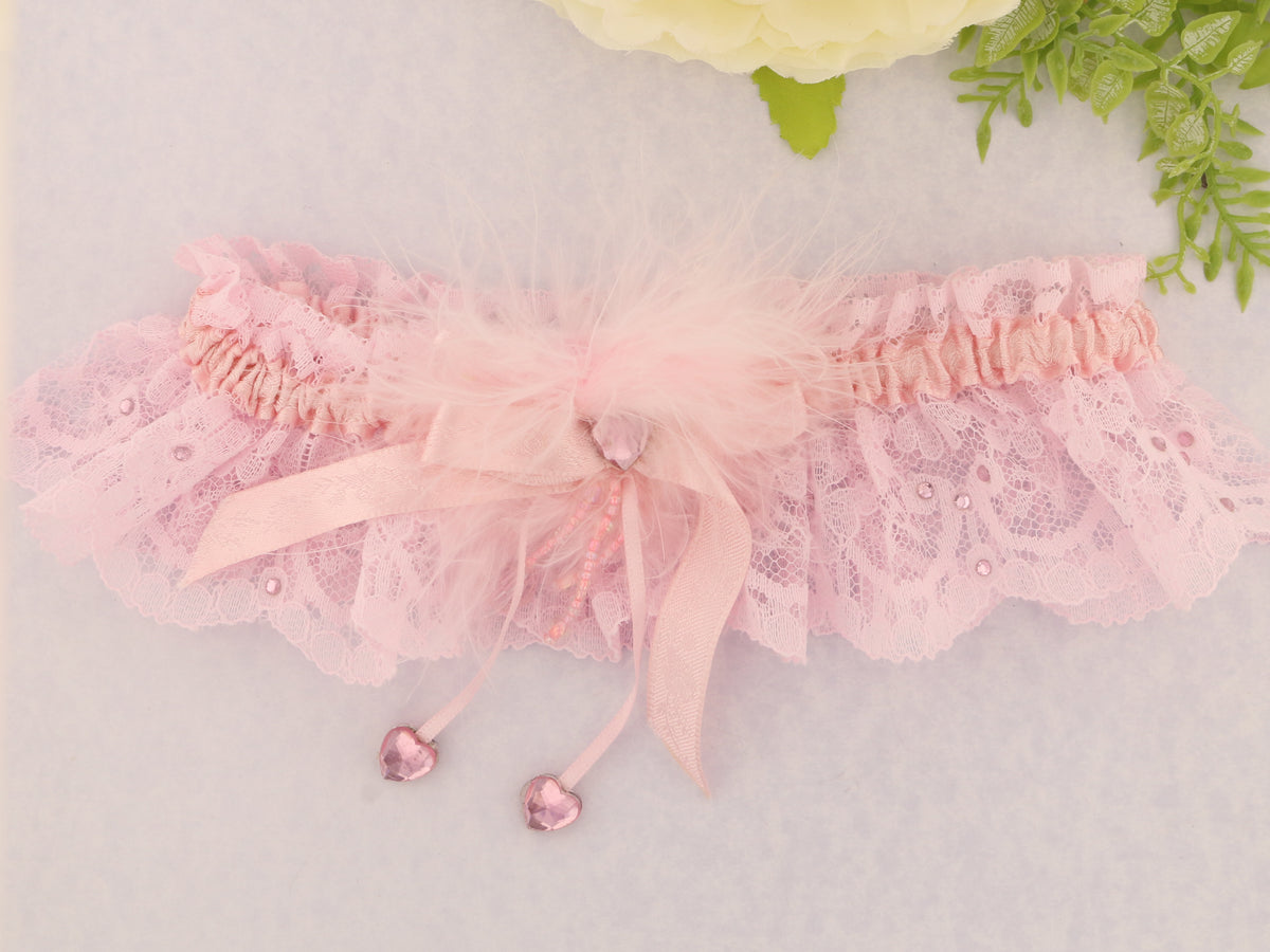Lovers Knot Crystal Pink Nottingham Lace Bridal Garter