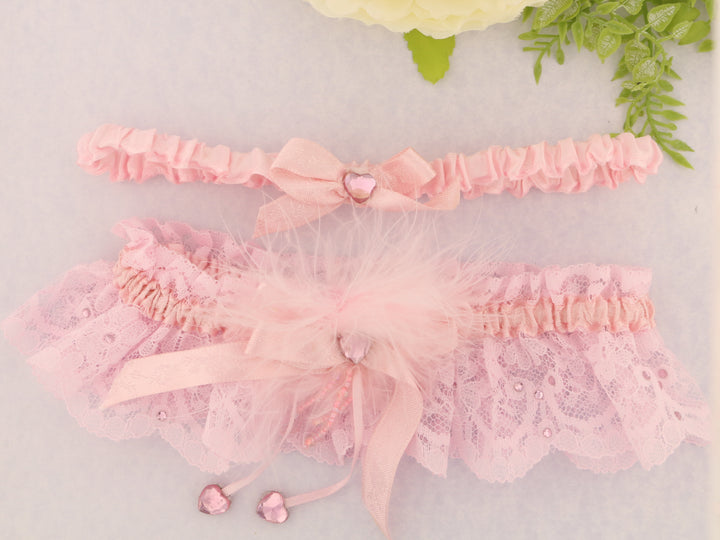 Lovers Knot Crystal Pink Nottingham Lace Bridal Garter