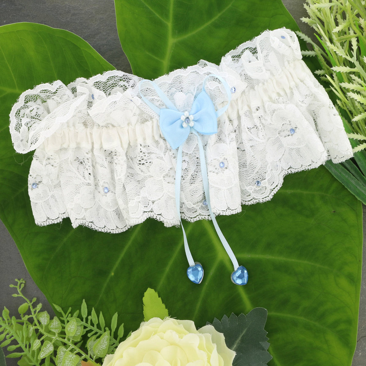 Something Blue' Voile Garter with Silver Trim in White | Handmade in England