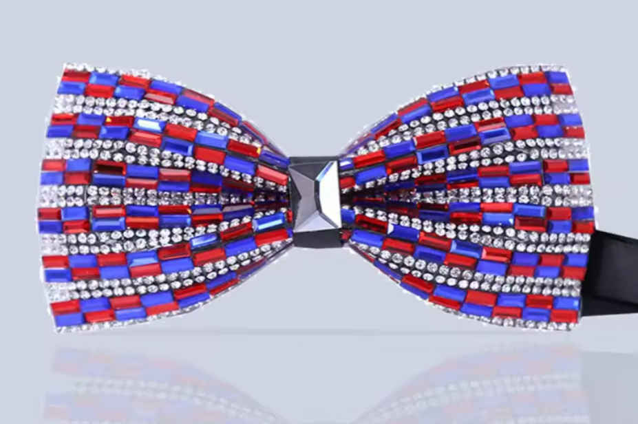 Vibrant Red, White and Blue Crystal Bow Tie