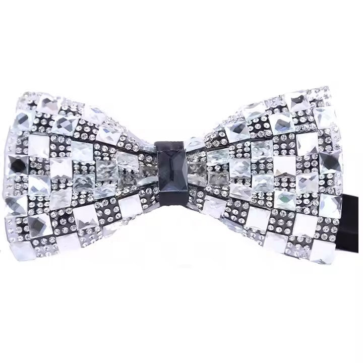 Silver Square Patterned Crystal Glam Bow Tie