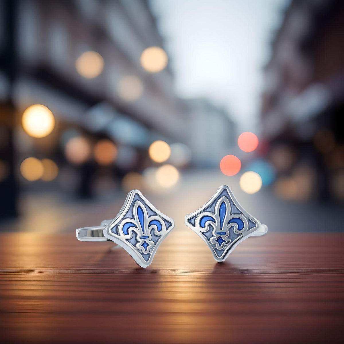 Small Fleur-de-Lis Cufflinks – Blue Enamel Elegance