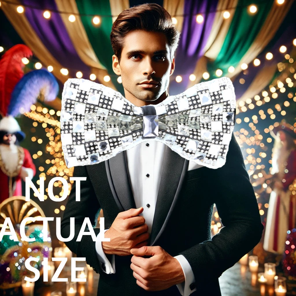 Silver Square Patterned Crystal Glam Bow Tie
