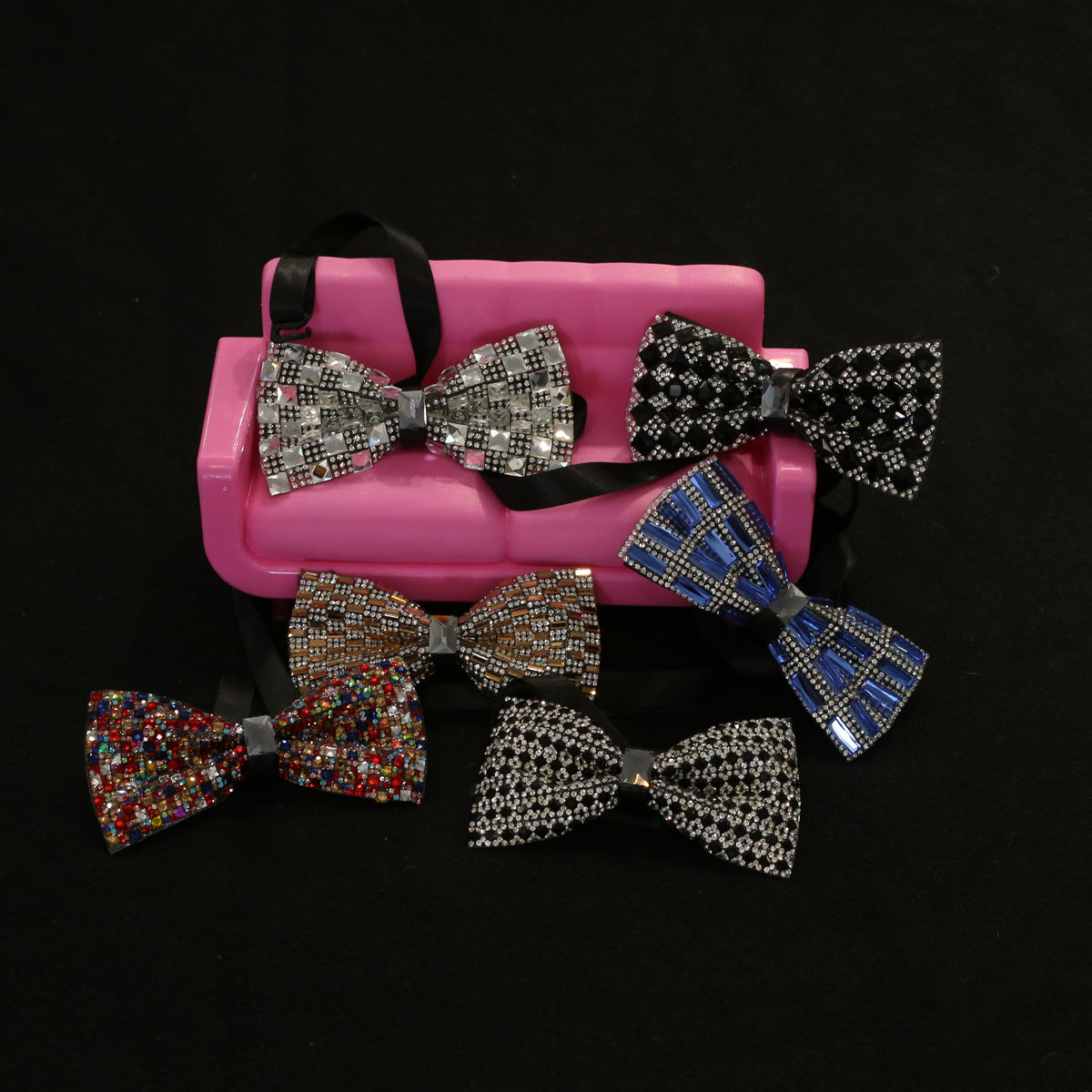 Silver Square Patterned Crystal Glam Bow Tie