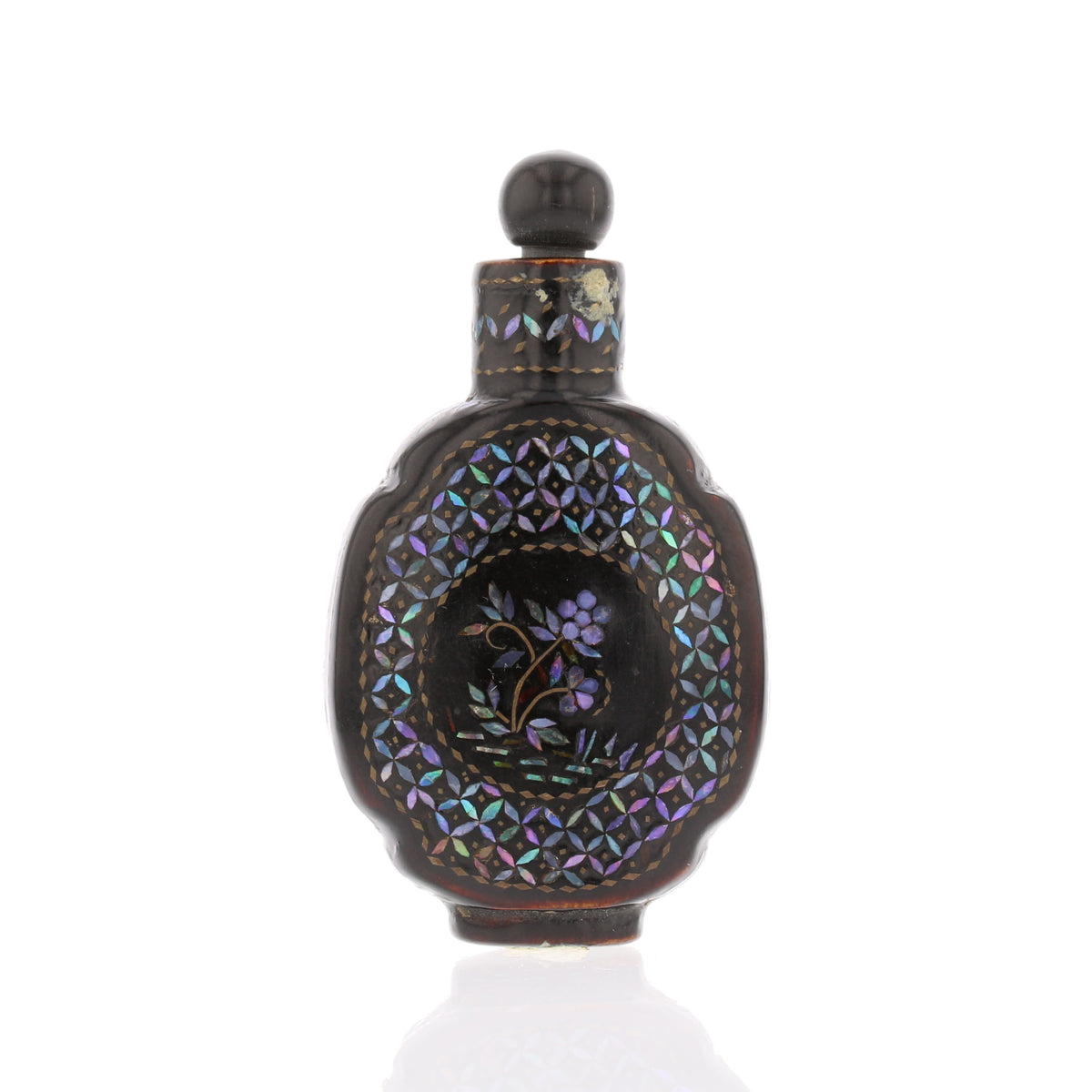 Chinese Lac Burgaute Snuff Bottle – Mother of Pearl Inlay with Horn Top